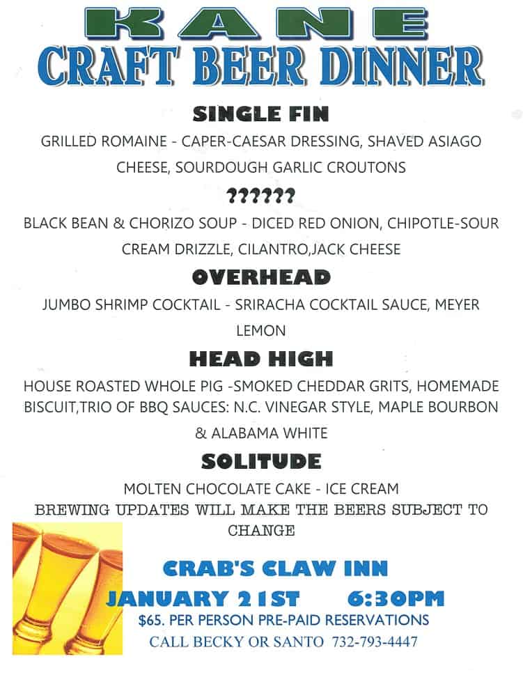 crabs claw kane beer dinner