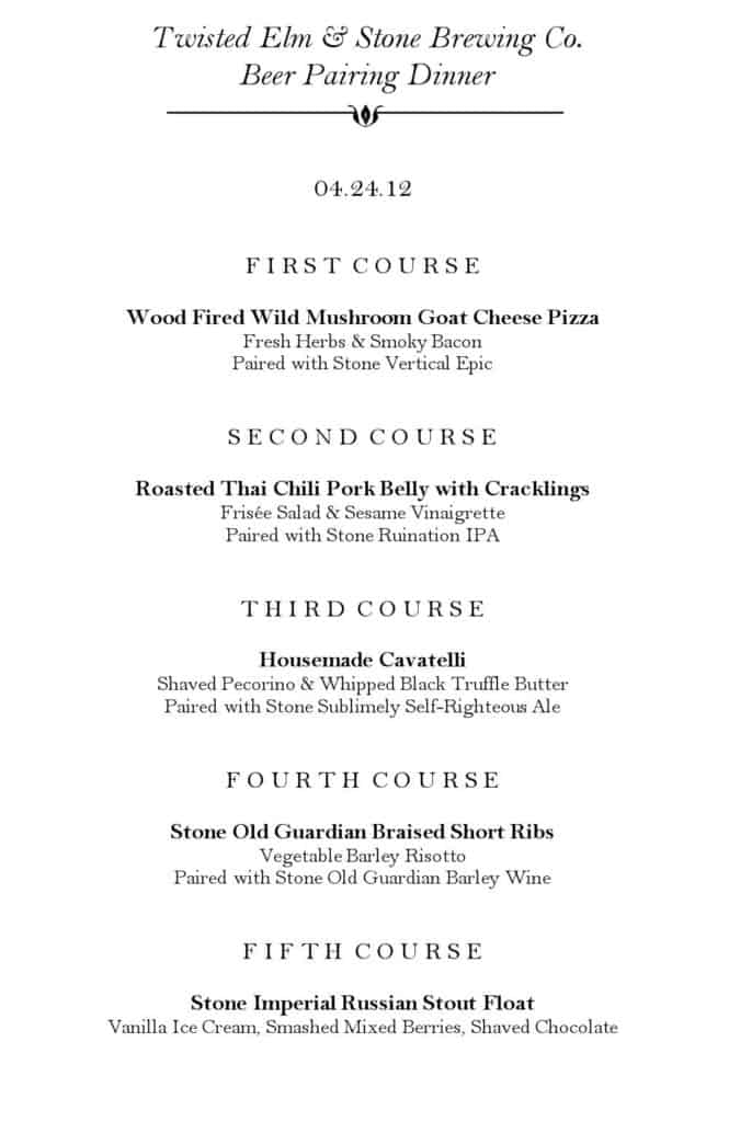 stone beer dinner twisted elm